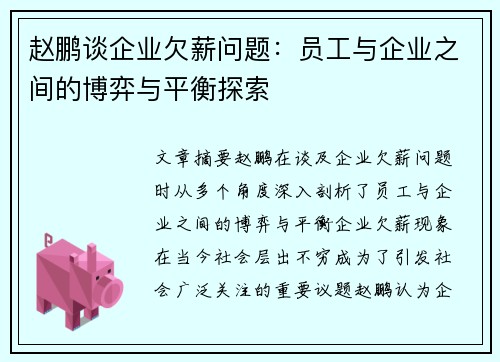 赵鹏谈企业欠薪问题：员工与企业之间的博弈与平衡探索