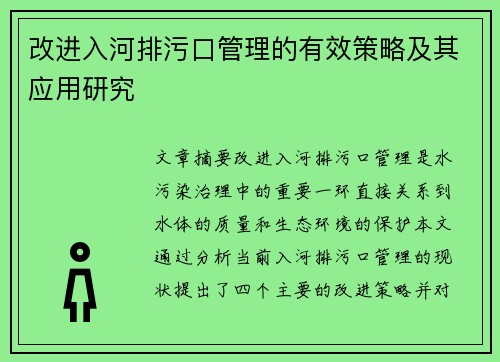 改进入河排污口管理的有效策略及其应用研究